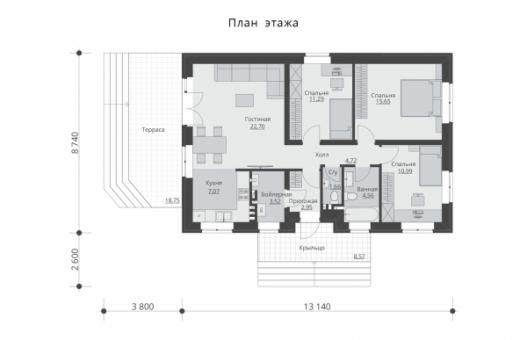 Одноэтажный дом с тремя спальнями и кухней-гостиной